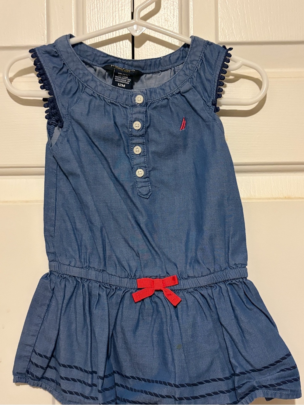 Nautica Blue Chambray Dress with Red Bow Accent